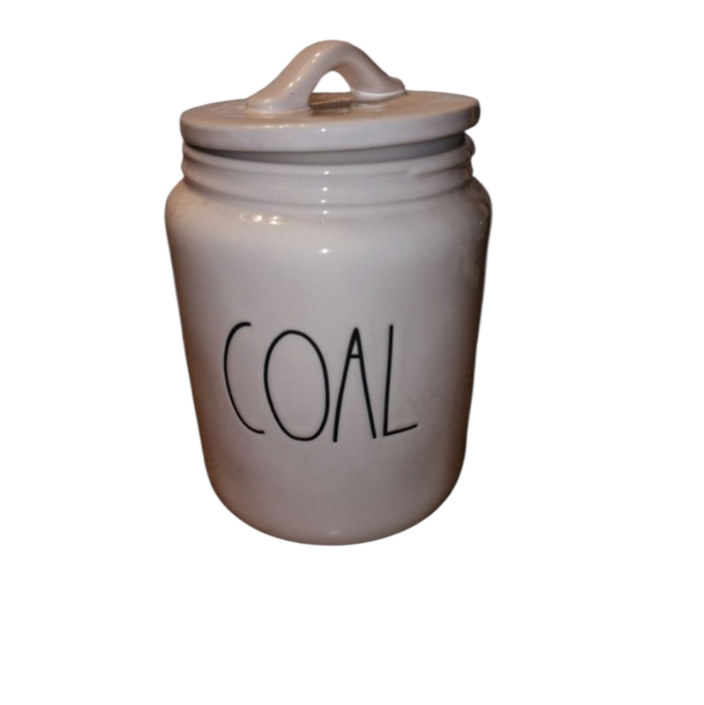 Rae Dunn Canister "Coal" with actual coal Christmas Decor